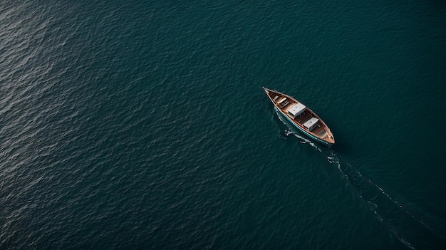 Um pequeno barco vazio na vista aérea do mar
