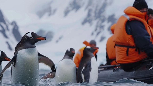 Um pequeno barco zodíaco carregado de passageiros aventureiros se aproxima de uma colônia de adoráveis pinguins