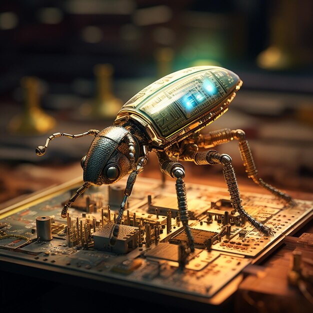 Foto um pequeno besouro robótico soldando um chip de computador. fantasia alta.