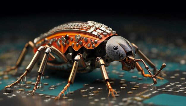 um pequeno besouro robótico soldando um chip de computador