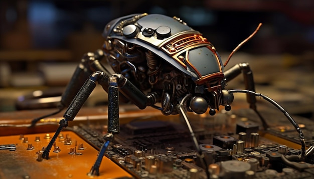 Foto um pequeno besouro robótico soldando um chip de computador