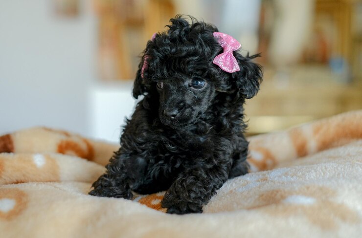 Foto um pequeno cachorrinho de poodle preto deita-se em um cobertor em um quarto o melhor presente de férias para uma criança amor por cães a aparição na família de um cachorro de um poodle negro