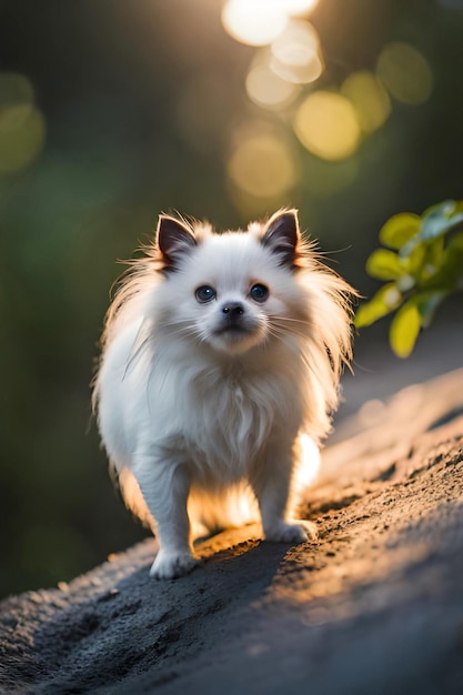 Um pequeno cachorro branco fica em uma pedra à luz do sol.