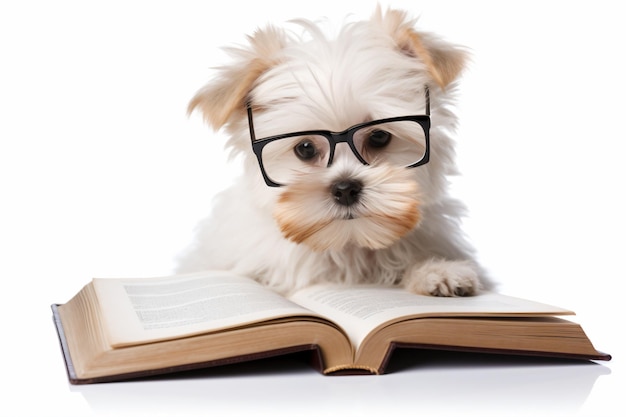 um pequeno cachorro branco usando óculos está deitado em um livro