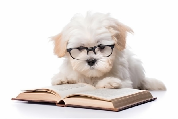 um pequeno cachorro branco usando óculos está deitado em um livro