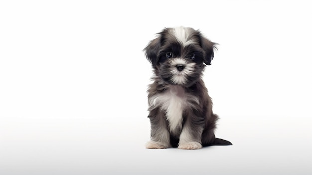 um pequeno cachorro preto e branco sentado em uma superfície branca