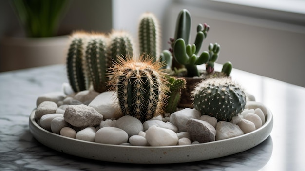 Um pequeno cactus arranjado em uma bandeja de mármore com IA decorada gerada