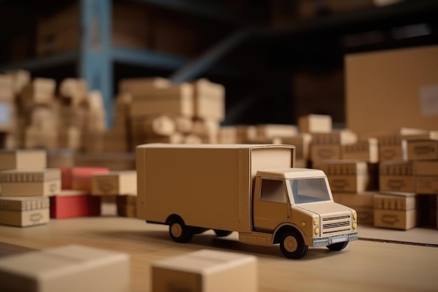 Um pequeno caminhão de desenho animado colocado em algumas caixas de papelão