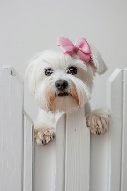 Um pequeno cão branco com um laço rosa na cabeça