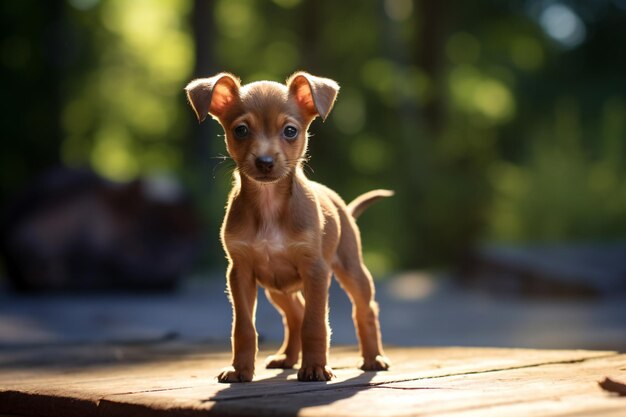 Foto um pequeno cão castanho de pé em uma plataforma de madeira