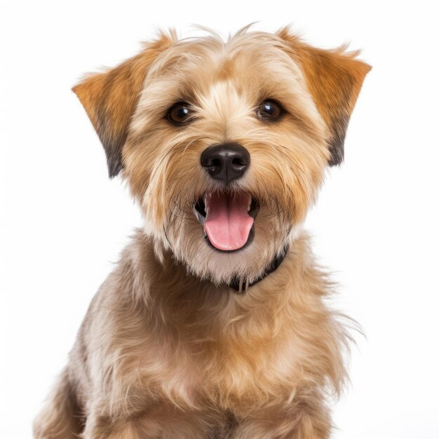 Um pequeno cão castanho sentado em cima de um chão branco