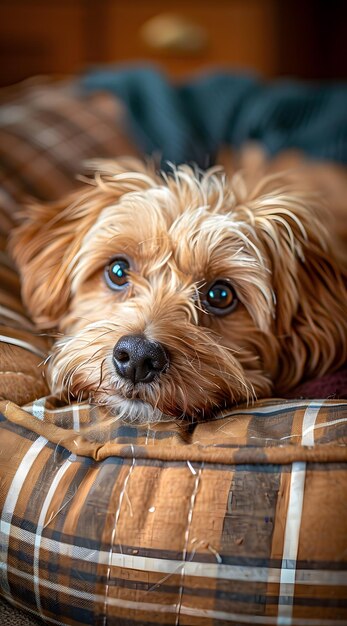 Um pequeno cão de raça terrier está descansando em uma cama de cão a quadros