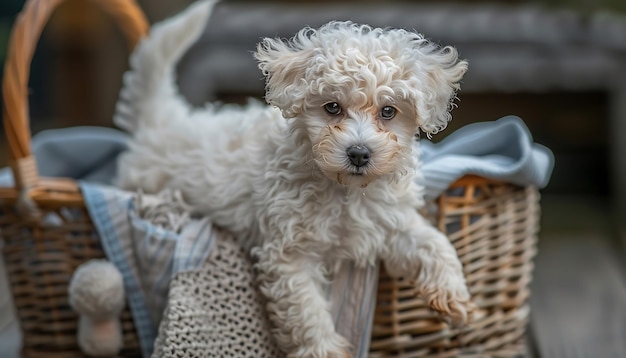 um pequeno cão está sentado em uma cesta com um pano no fundo