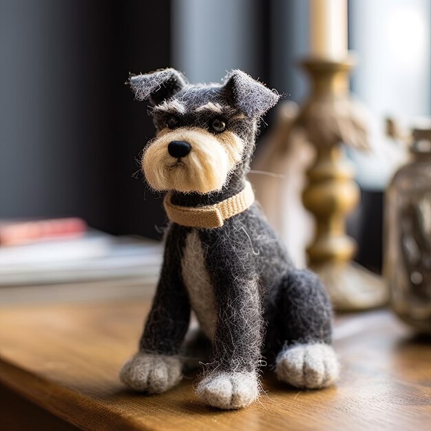 Foto um pequeno cão está sentado em uma mesa com um relógio atrás dele