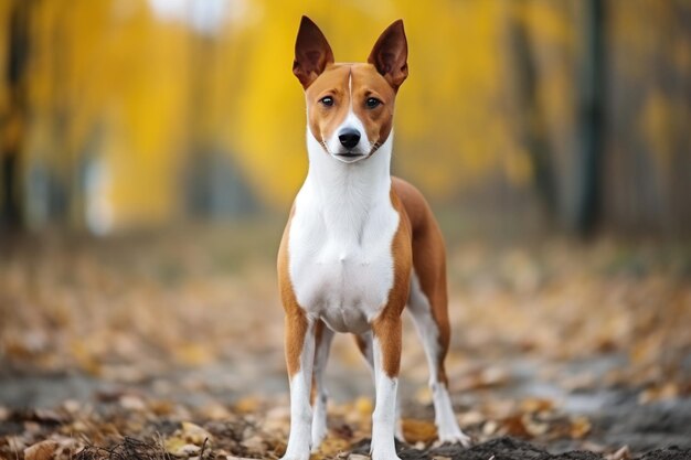 Um pequeno cão marrom e branco de pé em cima de folhas