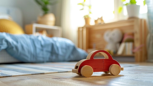 Um pequeno carro de brinquedo de madeira está no chão na sala das crianças.