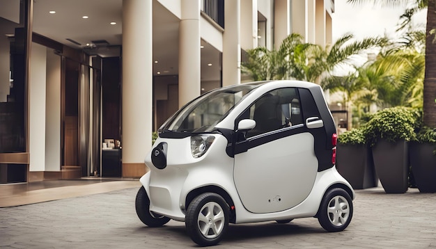 Foto um pequeno carro inteligente está estacionado na frente de um edifício