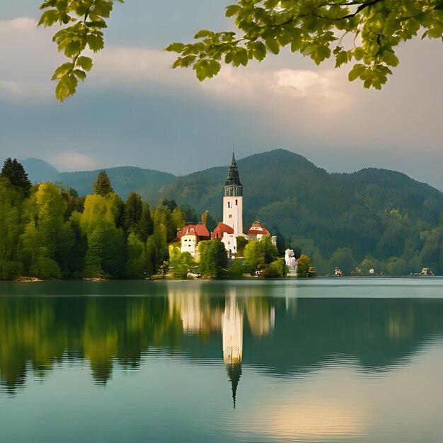 Foto um pequeno castelo fica no meio de um lago cercado de árvores.