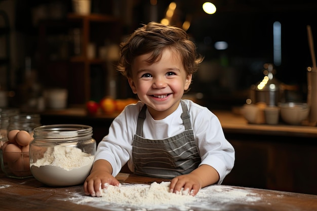 Um pequeno chef sorridente cozinha com as mãos na massa.