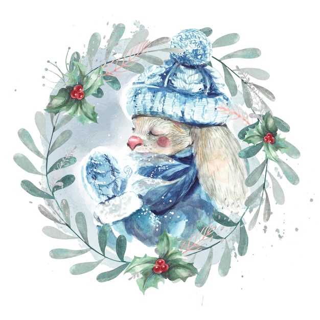 Um pequeno coelho fofo em luvas e um chapéu pega flocos de neve Coroa de Natal Watercolor Isolate