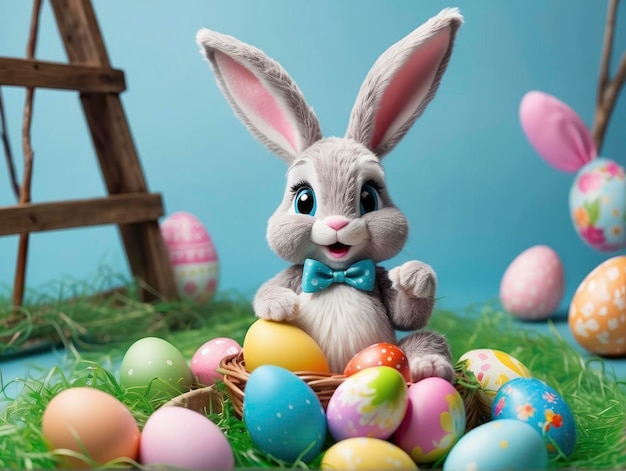 um pequeno coelho sentado em uma cesta com ovos de Páscoa na grama