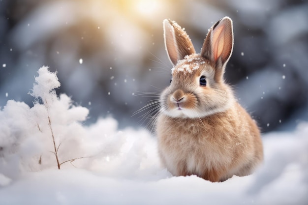 Um pequeno coelho sentado na neve
