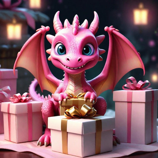 um pequeno dragão rosa bonito segurando um presente caixa de presente elegante atmosfera de Natal fundo ai gen