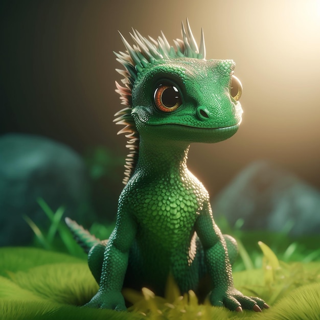 Um pequeno dragão verde de desenho animado sentado na grama Generative AI