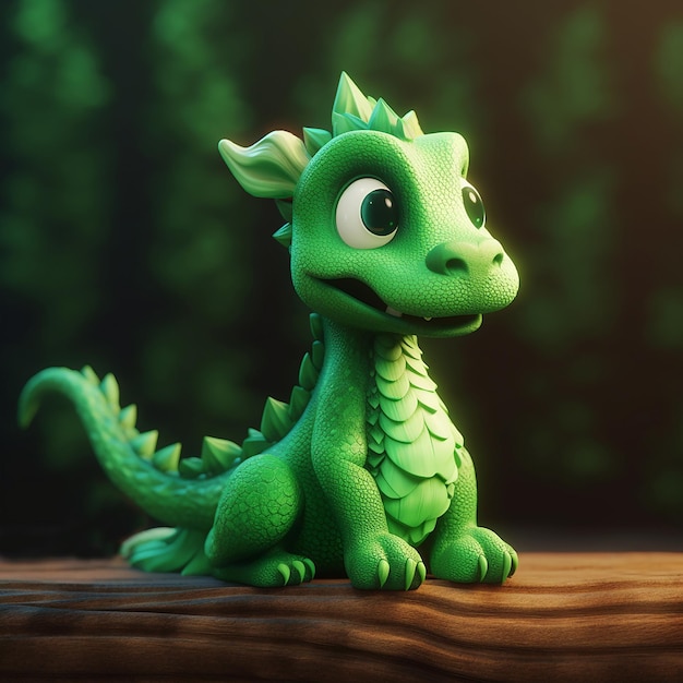 Um pequeno dragão verde de desenho animado sentado na grama Generative AI