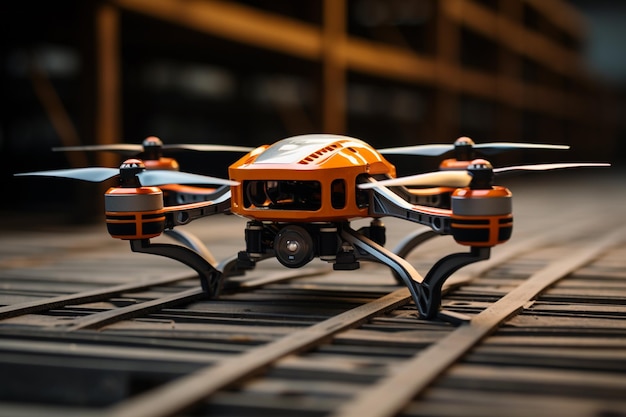 um pequeno drone laranja senta-se em faixas pretas no fundo de estilo bokeh da fábrica industrial