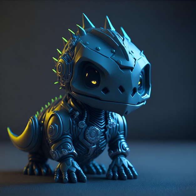 Um pequeno e bonito dinossauro cyborg em 3D.