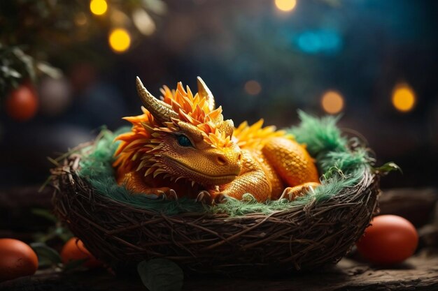 Um pequeno e fofo bebé dragão a dormir confortavelmente dentro de uma casca de ovo.