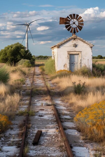 Foto um pequeno edifício branco com um moinho de vento em cima dele