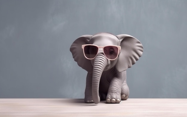 Um pequeno elefante com óculos de sol na cabeça está usando óculos de sol rosa.