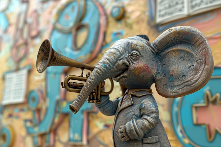 Foto um pequeno elefante está tocando um trombone