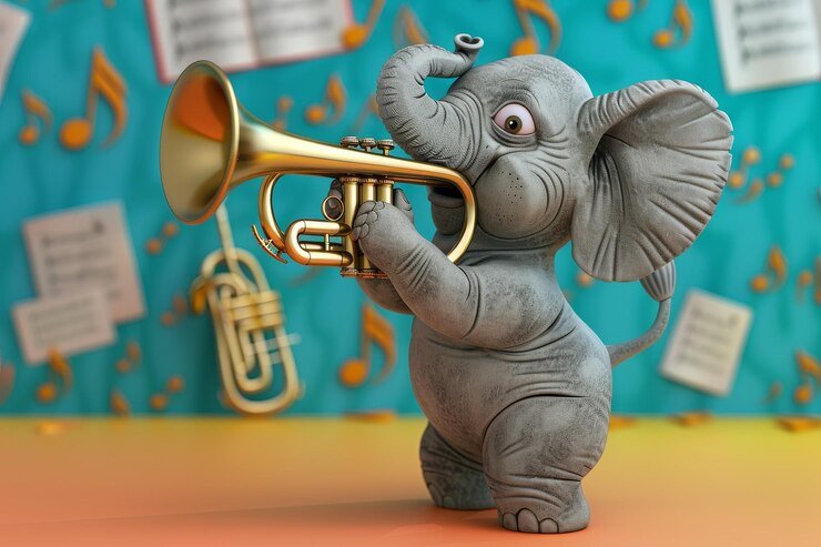 Foto um pequeno elefante está tocando um trombone