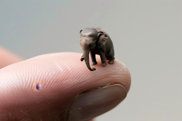 Um pequeno elefante senta-se no dedo de um homem