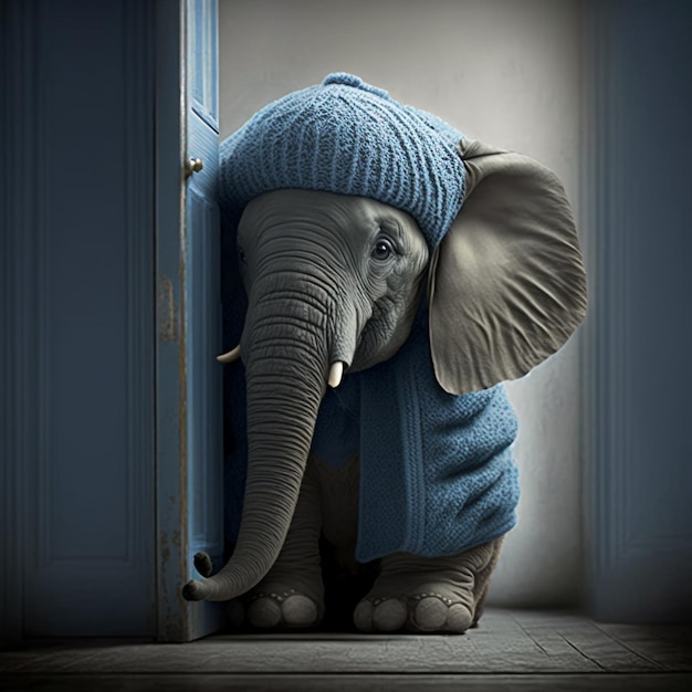 Um pequeno elefante vestindo um suéter azul e um suéter azul está parado em uma porta.