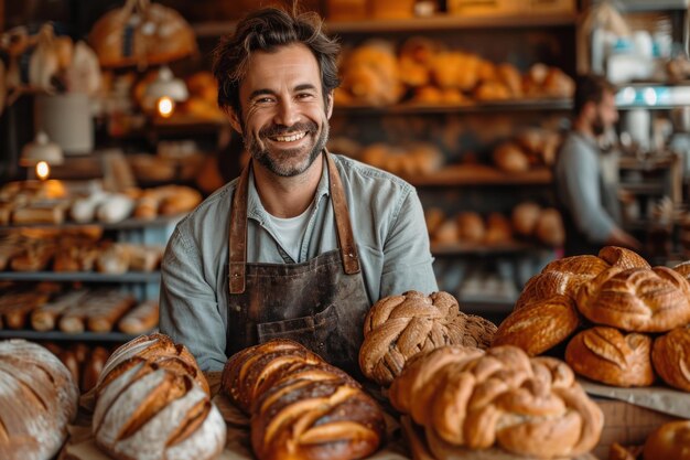 Um pequeno empresário orgulhosamente de pé em frente à sua próspera padaria artesanal