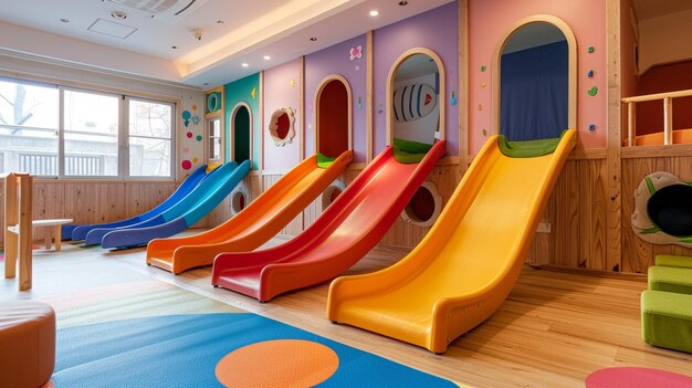 Foto um pequeno escorregador de madeira interior em uma sala infantil