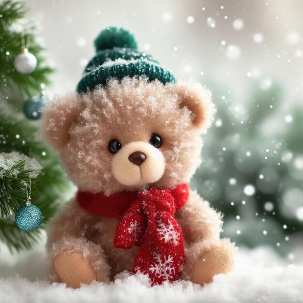 Foto um pequeno filhote de urso fofo está sentado perto de uma árvore de natal verde