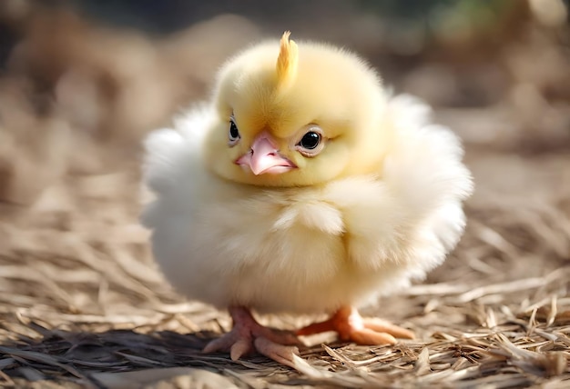 um pequeno frango amarelo com um mohawk amarelo na cabeça