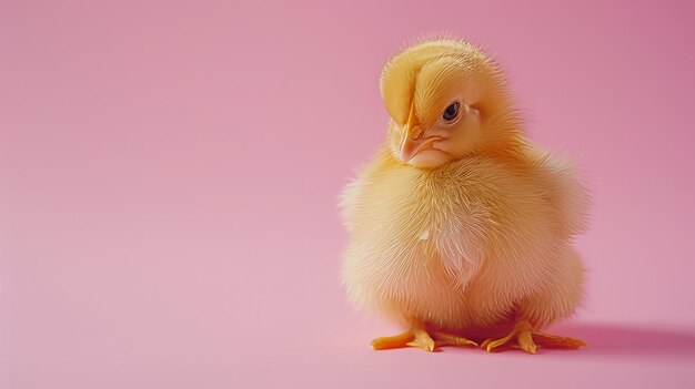 Foto um pequeno frango amarelo em um fundo rosa pastel