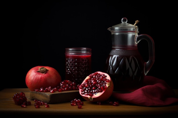 Um pequeno frasco cheio de romã e uma chávena de suco