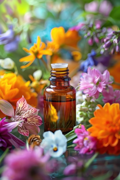 Foto um pequeno frasco com óleo cosmético em um fundo de flores