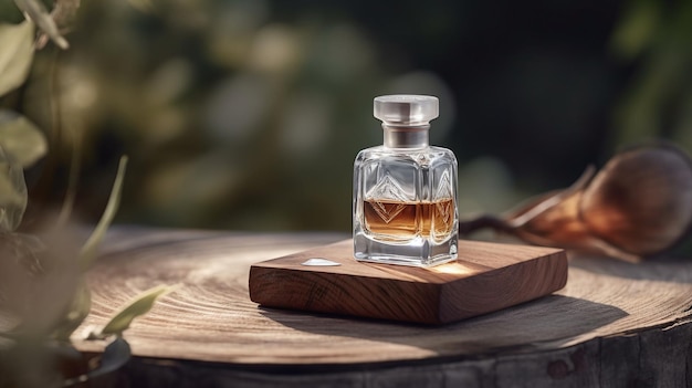 Um pequeno frasco de perfume repousa sobre uma superfície de madeira.