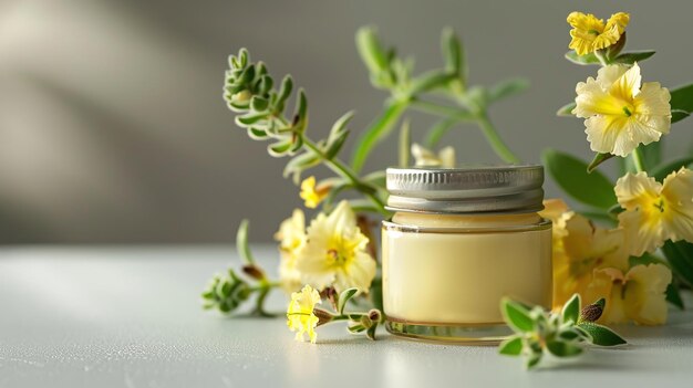 Foto um pequeno frasco transparente que compreende flores amarelas de mullein sobre um fundo branco contém medicina herbal de mullein e espaço ia generativa