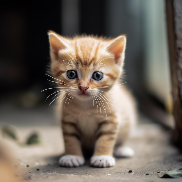 Um pequeno gatinho laranja com olhos azuis está em uma superfície de concreto.