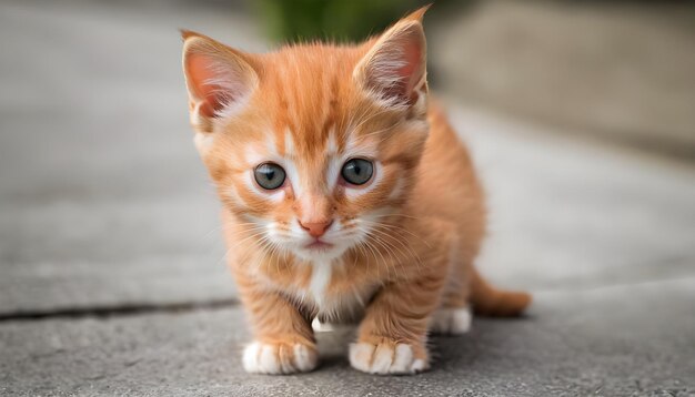 um pequeno gatinho laranja com um rosto branco e laranja e um nariz branco