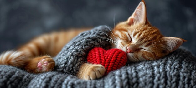 Um pequeno gatinho vermelho dorme com um coração tricotado vermelho em um fundo cinza escuro